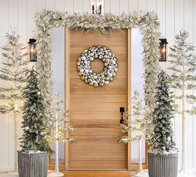 Hollyone 3 Pcs 7.5FT Christmas Garland Champagne Gold Glittered Artificial Magnolia Leaves for Mantle Christmas Tree Decorations Indoor Outdoor Hanging Garland Ornaments Door Wall Window Home Decor