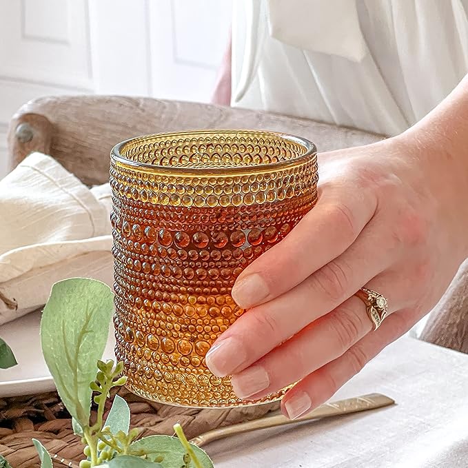 Kate Aspen Beaded Amber Drinking Glasses Set of 6-10 oz Vintage Glassware Set Jupiter Glasses, Cocktail Glass Set, Juice Glass, Water Cups Hostess Gift, Present, Gift for Newlyweds