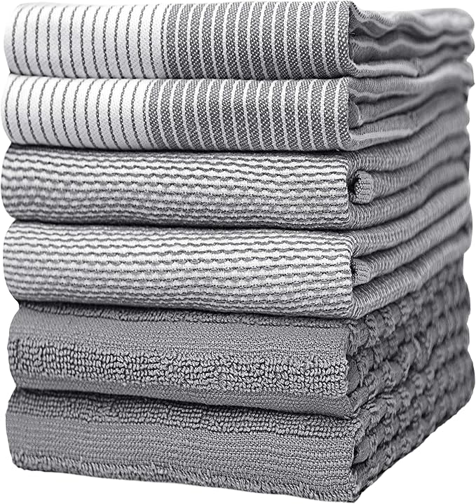 Premium Kitchen Towels 6 Pack Large Cotton Hand Towels Flat Terry Absorbent Tea Towels with Hanging Loop Gray 20x28