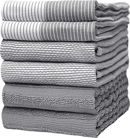 Premium Kitchen Towels 6 Pack Large Cotton Hand Towels Flat Terry Absorbent Tea Towels with Hanging Loop Gray 20x28