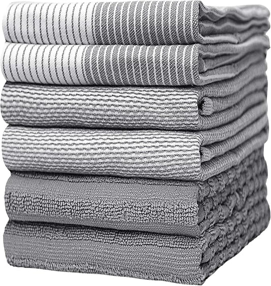 Premium Kitchen Towels 6 Pack Large Cotton Hand Towels Flat Terry Absorbent Tea Towels with Hanging Loop Gray 20x28