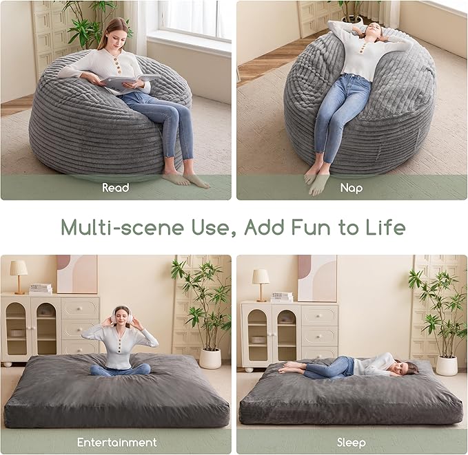 Giant Bean Bag Chair Bed for Adults, Convertible Beanbag Folds from Lazy Chair to Floor Mattress Bed with Machine Washable Cover, Large Floor Sofa Couch with High-Density Foam Filling