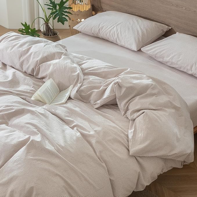 MooMee Striped Duvet Cover Set 100% Washed Cotton Linen Like Textured Breathable Durable Soft Comfy (Orange Pinstripes, Twin 68"x90")