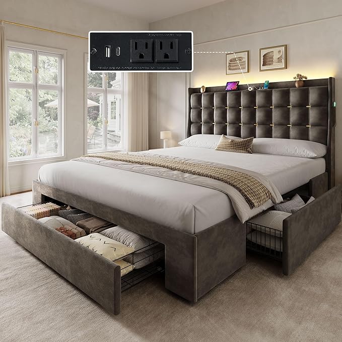 DWVO Queen Size Bed RGB LED Lights, Velvet Upholstered Platform Bed, Grey
