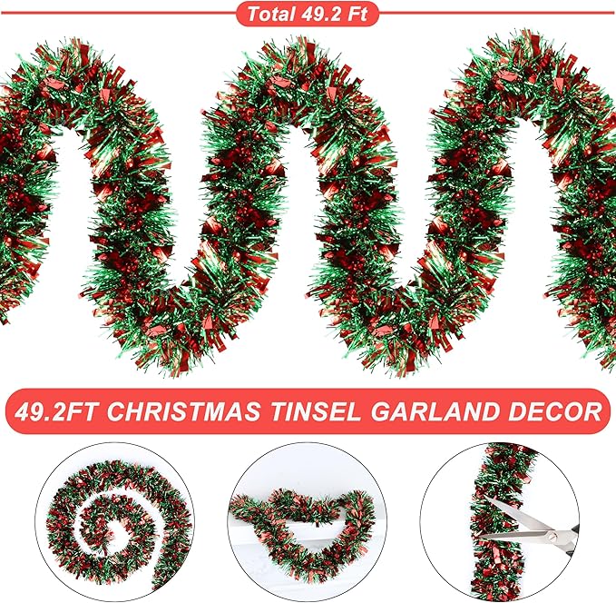50 Feet Green Red Christmas Tinsel Garland Christmas Decorations for Xmas Tree Decor Metallic Twist Shiny Hanging Garlands for Tree Mantel Stairs Fireplace Home Indoor Outdoor Holiday Party Supplies