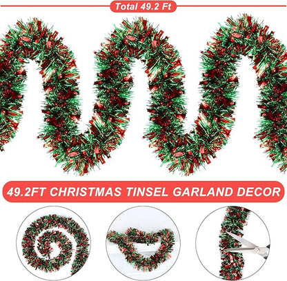 50 Feet Green Red Christmas Tinsel Garland Christmas Decorations for Xmas Tree Decor Metallic Twist Shiny Hanging Garlands for Tree Mantel Stairs Fireplace Home Indoor Outdoor Holiday Party Supplies