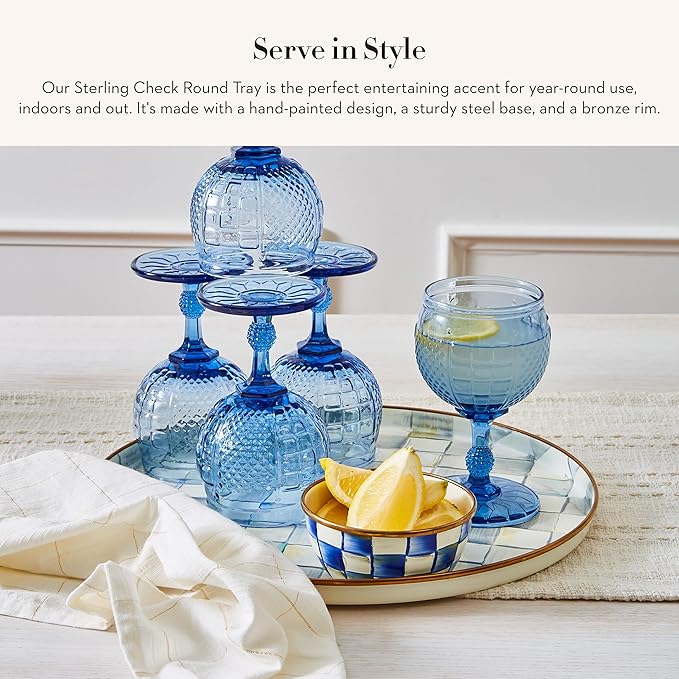 MACKENZIE-CHILDS Enamel Round Tray Unique Serving Platter for Food and Drinks, Gray-and-White Sterling Check