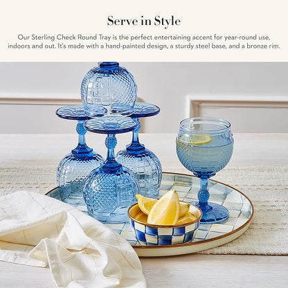 MACKENZIE-CHILDS Enamel Round Tray Unique Serving Platter for Food and Drinks, Gray-and-White Sterling Check