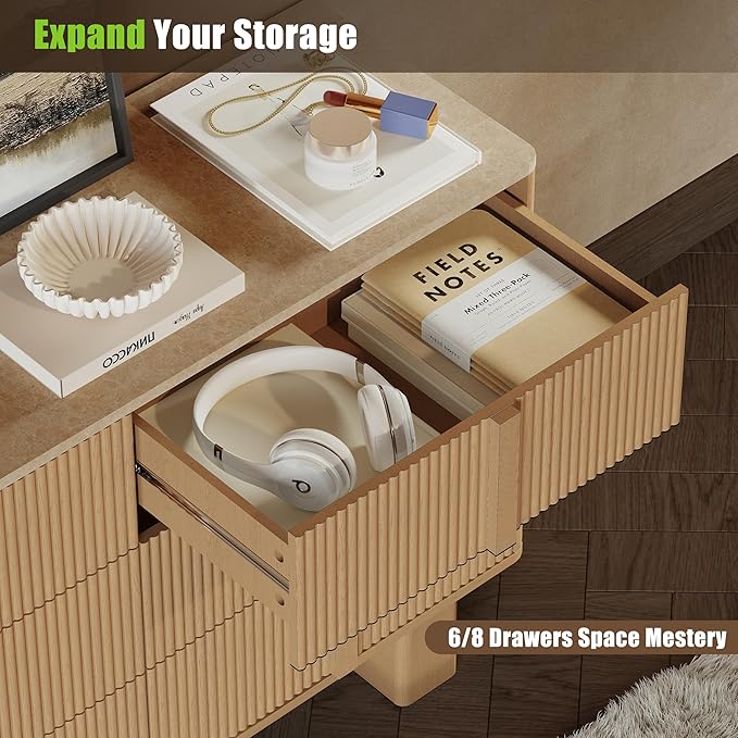 Fluted Dresser for Bedroom with 6 Drawers,47" Wide Modern Chest of Drawers with Wooden Handle, Wooden Dresser TV Stand, Wood Closet Clothes Storage Organizer for Living Room, Hallway, Light Oak