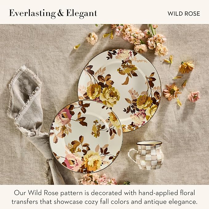 MACKENZIE-CHILDS Enamel Round Tray Unique Serving Platter for Food and Drinks, Wild Rose White