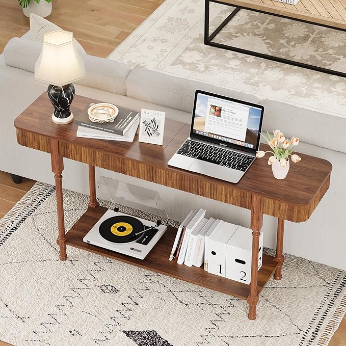 63'' Fluted Console Table with 2 Drawers, 2-Tier Long Entryway Tables with Open Storage, Wooden Narrow Sofa Table Behind Couch, Foyer Accent Table for Living Room, Hallway, Entrance (Walnut)