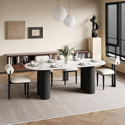 71" Modern Oval Dining Table for 6, Glossy White Sintered Stone Dining Tabletop with Black Dual-Pedestal, Easy Assembly Dining Room Table for Home Kitchen (Table Only)