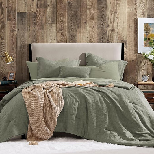 Geniospin King Size Comforter Set- 7 Piece Sage Green Textured King Bedding Set, Soft Solid Bed in a Bag for All Season, King Comforter Set with Sheets(Sage Green,102''x90'')