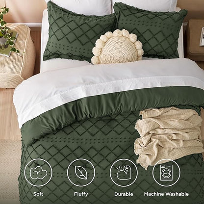 Bedsure Twin XL Comforter Set - Olive Green Comforter, Boho Tufted Shabby Chic Bedding for Kids, 2 Pieces Vintage Farmhouse Bed Set for All Seasons, Fluffy Soft Bedding with 1 Pillow Sham