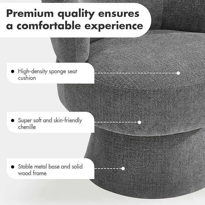 360° Swivel Accent Chairs, Modern Chenille Upholstered Boucle Dining Chair with Back, Vanity Chair Accent Armchair Side Chairs for Dining/Living Room, Bedroom, Gray