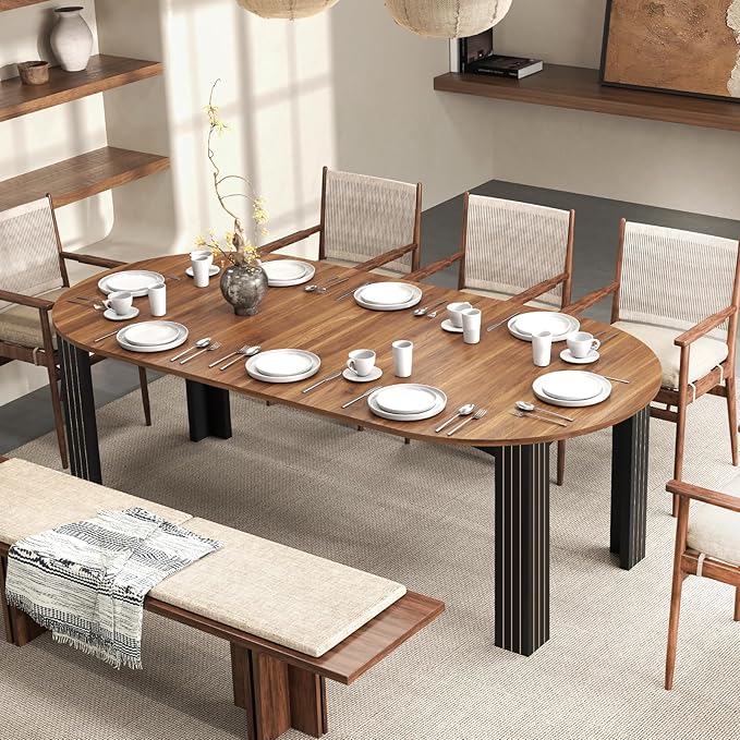 43-78 Inch Extendable Round Dining Table for 4-8 People, Modern Farmhouse Wood Kitchen Dinner Table with Oval Expandable Wooden Top and 2 Removable Leaves for Dining Room, Living Room(Walnut, Brown)