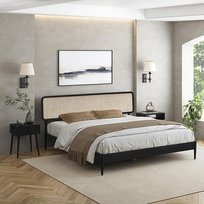 NTC Lupin Wooden Bed Frame with Headboard and Natural Rattan, Solid Oak Foundation with Silent Slats, 1000 Lb Capacity, Effortless Assembly, King - Burnt Black