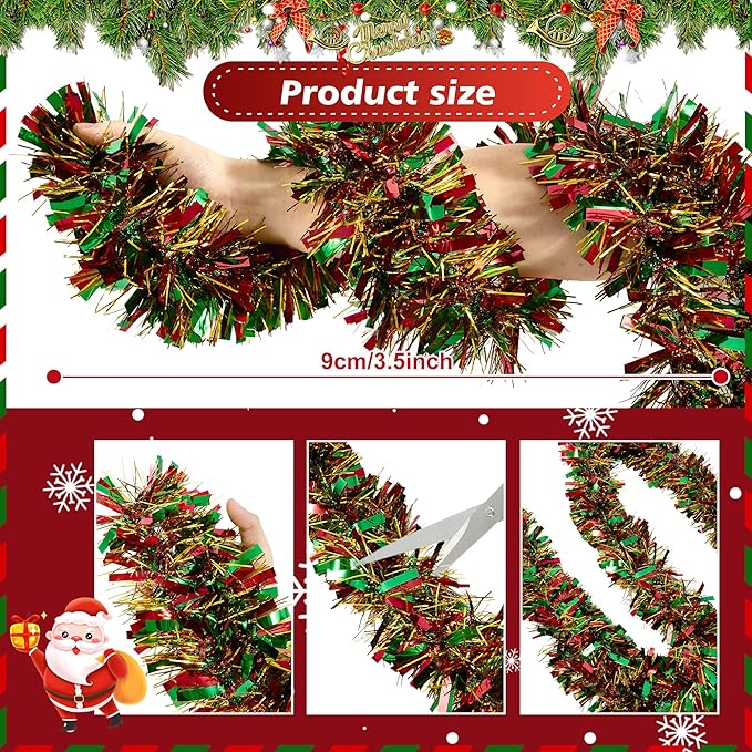 50FT Tinsel Christmas Garland Metallic Twist Garland Shiny Hanging Tinsel for Christmas Tree Party Supplies Indoor Outdoor Home Xmas Decoration (Gold Red Green)