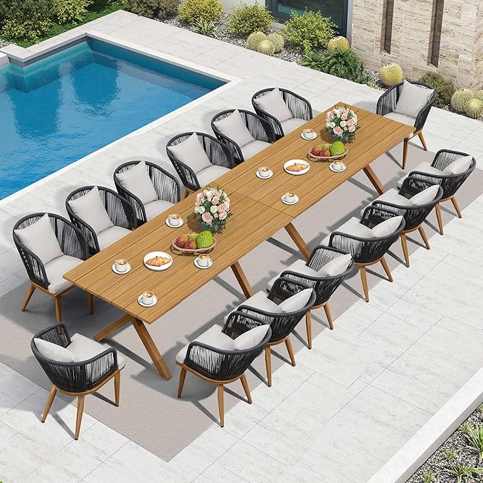PURPLE LEAF 16 Pieces Patio Dining Table Set Wicker Outdoor Furniture Rectangular Table and Chairs Set for Garden Deck Teak-Finish Aluminum Frame Backyard Kitchen Set, Cushions and Pillows Included