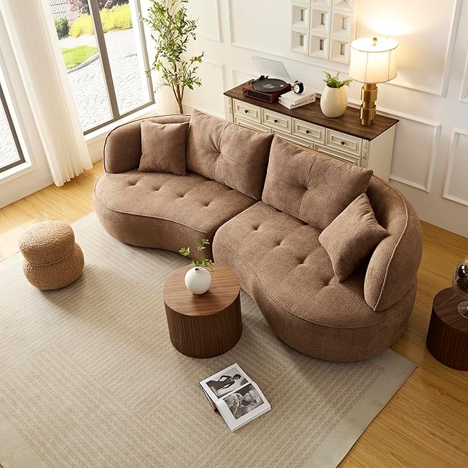 109" Modern Curved Sofa Sectional Couch, Luxury Comfy Boucle Upholstered Couches, Oversized 3 Seater Minimalist Deep Seat Modular Sofas for Living Room,Bedroom, Home Office, Apartment,Camel