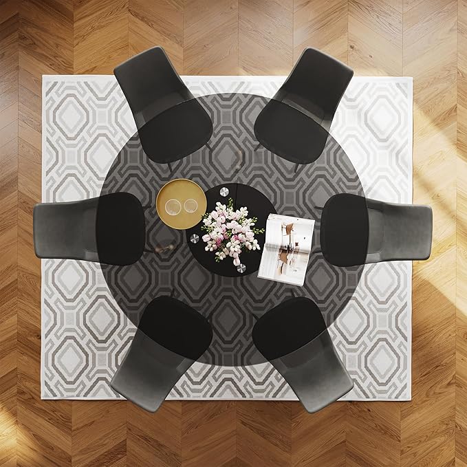 POVISON Glass Round Dining Table for 6, Modern Dining Table 59" Dining Room Table Round Black Glass Top with Solid Black Carbon Steel Base for Kitchen(Table Only)