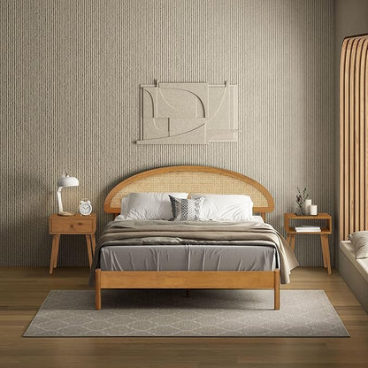 NTC Gem Wooden Bed Frame with Headboard and Natural Rattan, Solid Oak/Rubber Wood Foundation with Silent Slats, 1000 Lb Capacity, Effortless Assembly (Natural Cane - Rustic Oak, Queen)