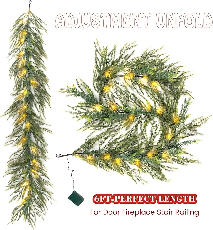 6 FT Artificial Christmas Norfolk Pine Garland, Real Touch Pine Garland with 20 LED Lights, Mixed with Noble Fir, ‌Heavier and Larger, Timer, Perfect for Table Window Mantel Indoor Outdoor