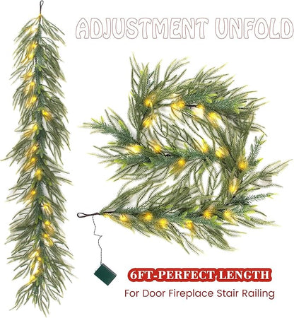 6 FT Artificial Christmas Norfolk Pine Garland, Real Touch Pine Garland with 20 LED Lights, Mixed with Noble Fir, ‌Heavier and Larger, Timer, Perfect for Table Window Mantel Indoor Outdoor