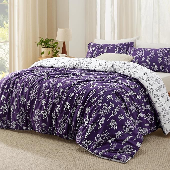 Bedsure California King Comforter Set - Dark Purple Bed Set, 3 Pieces Cute Floral Bedding, 1 Soft Reversible Botanical Flowers Comforter and 2 Pillow Shams