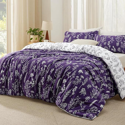Bedsure Queen Comforter Set - Dark Purple Bed Set, 3 Pieces Cute Floral Bedding, 1 Soft Reversible Botanical Flowers Comforter and 2 Pillow Shams