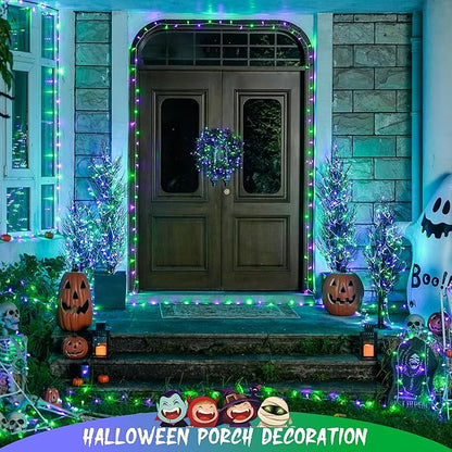 JMEXSUSS Connectable Purple and Green Halloween Lights Plug-in, 8 Modes 100 LED Twinkle String Light Indoor, Clear Wire Christmas Lights Outdoor Waterproof for Halloween Christmas Decor