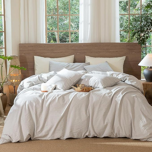 MooMee Wavy Striped Duvet Cover Set 100% Washed Cotton Linen Like Textured Breathable Durable Soft Comfy (Light Grey, Super King 108"x98")