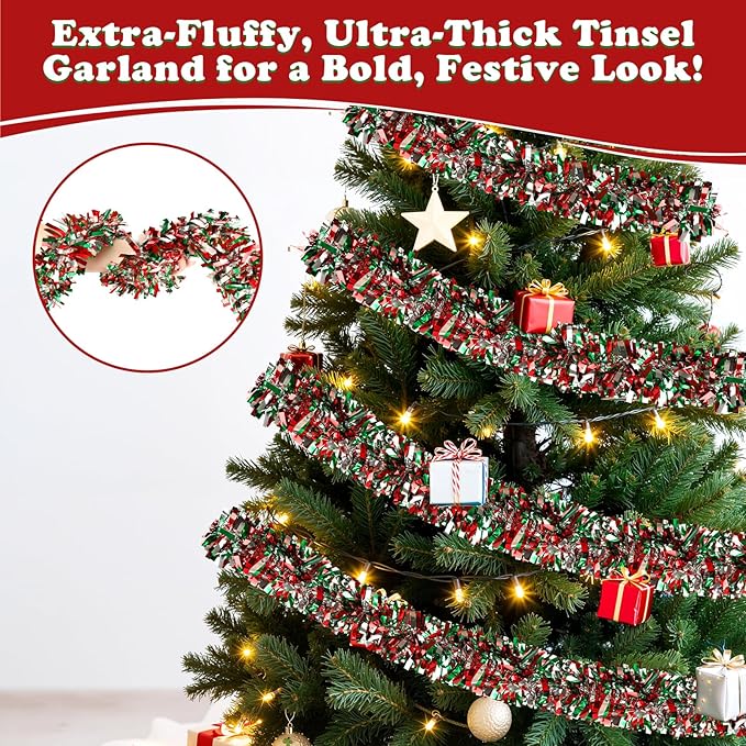 50FT Christmas Tinsel Garland, Red Green&Silver Metallic Twist Shiny Hanging Garland Ornaments for Christmas Tree, Party Supplies Thick Metallic Xmas Streamers