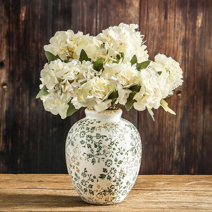 Ceramic Rustic Vase, Green and Beige Flower Vintage Decorative Vase Chinoiserie Decor Rustic Farmhouse Retro Floral Vases for Table Bookshelf Mantel Kitchen Living Room Office- 7.8inch