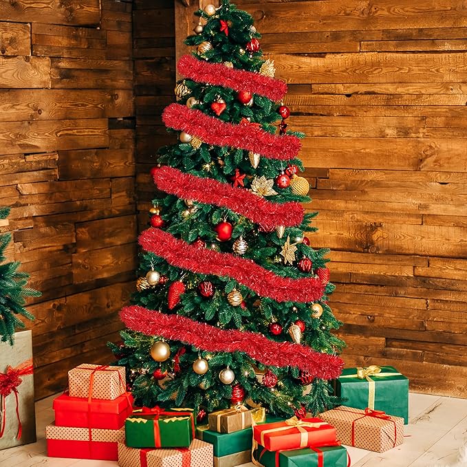 50 Ft Christmas Tinsel Garland Red Thick Tinsel Garland Xmas Tree Decorations Metallic Tinsel Twist Garland for Christmas, Birthday, Party Decor Indoor Outdoor Party Supplies