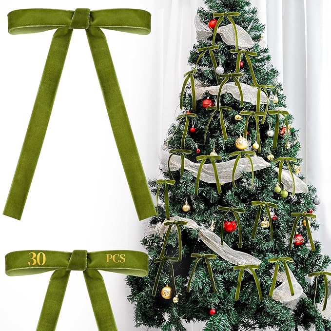 AYGXU 30pcs Velvet Bows for Christmas Tree Decorations,Twist tie Bows,Vintage Christmas Bow Decor,premade Bow for Gift Wrapping,Table,Garland,Fireplace Decor.Olive Green(5/8" W,5.1 * 7in)