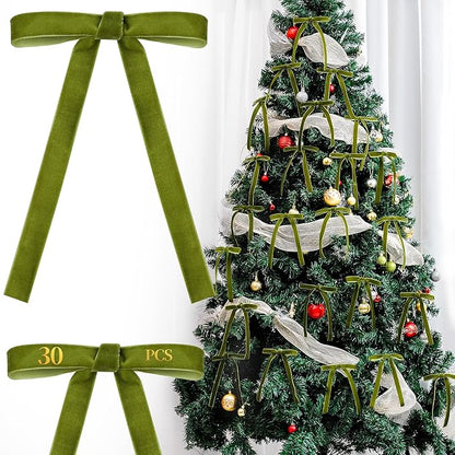 AYGXU 30pcs Velvet Bows for Christmas Tree Decorations,Twist tie Bows,Vintage Christmas Bow Decor,premade Bow for Gift Wrapping,Table,Garland,Fireplace Decor.Olive Green(5/8" W,5.1 * 7in)
