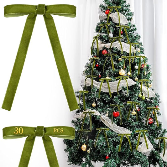 AYGXU 30pcs Velvet Bows for Christmas Tree Decorations,Twist tie Bows,Vintage Christmas Bow Decor,premade Bow for Gift Wrapping,Table,Garland,Fireplace Decor.Olive Green(5/8" W,5.1 * 7in)