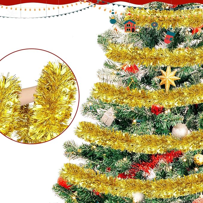 50FT Gold Christmas Tinsel Garland, Metallic Twist Shiny Hanging Garland Ornaments for Xmas Tree Party Supplies Thick Thin Metallic Streamers for Indoor Outdoor Decor