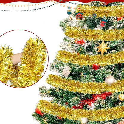 50FT Gold Christmas Tinsel Garland, Metallic Twist Shiny Hanging Garland Ornaments for Xmas Tree Party Supplies Thick Thin Metallic Streamers for Indoor Outdoor Decor