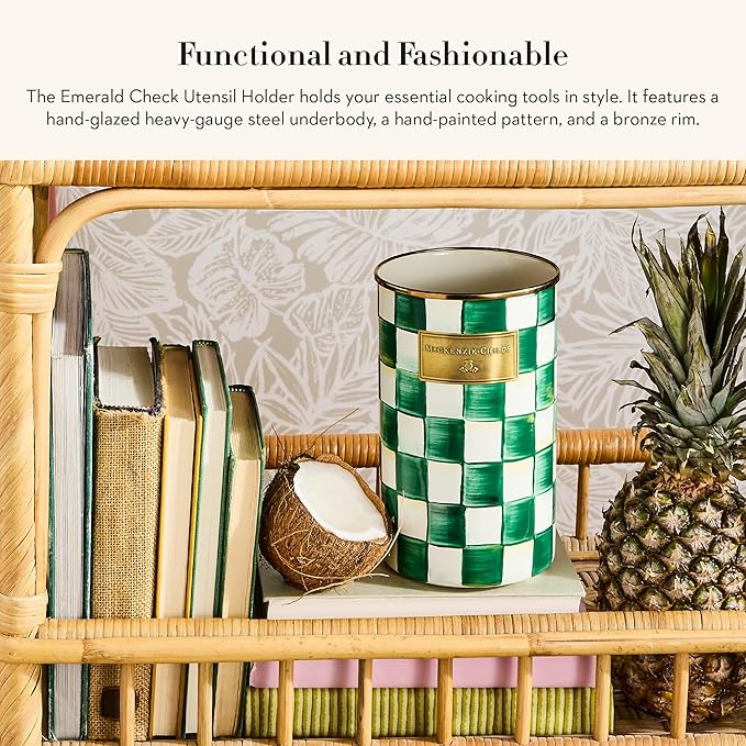 MACKENZIE-CHILDS Enamel Utensil Holder, Kitchen Utensil Holder for Countertop, Green-and-White Emerald Check