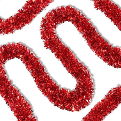 50 Feet Red Christmas Tinsel Garland for Christmas Tree Decorations, Xmas Metallic Twist Shiny Hanging Garland Decor for Mantle Stairs Fireplace Home Holiday Indoor Outdoor