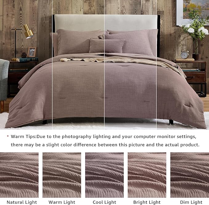 Geniospin Full Comforter Set - 7 Pieces Comforter Full Size, Solid Bedding Sets for All Season, Textured Bed in a Bag with Sheets, Pillowcases and Shams (Misty Rose, 80''x90'')