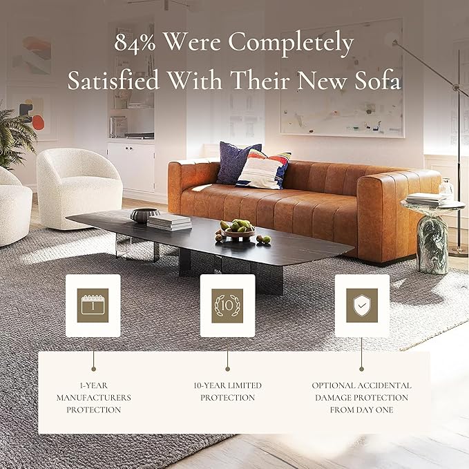 Poly & Bark Canale Leather Couch - 86 Inch Sofa - Full-Grain Channel Tufted Leather Sofa for Living Room - Living Room Couch - Pure Aniline Vintage Italian Leather in Cognac Tan