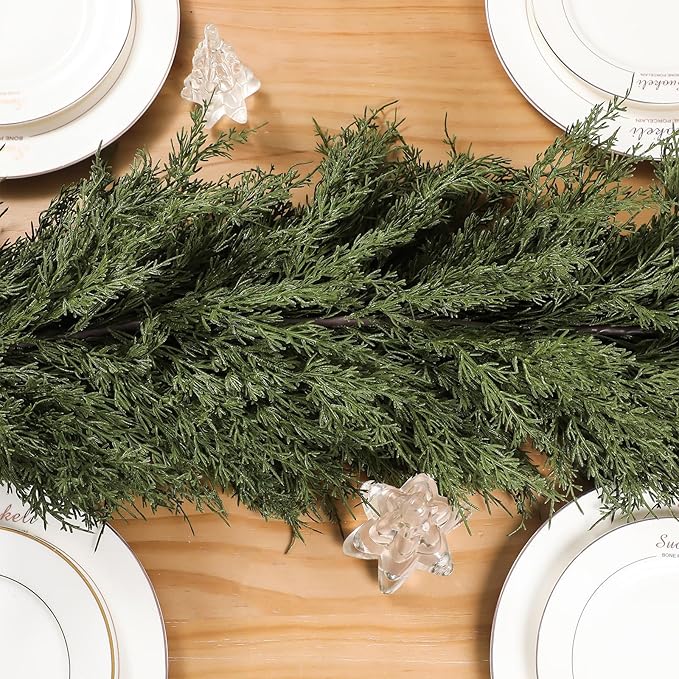 Dingion 1 Pcs 9 ft Christmas Cedar Garland - Thick & Lush, Soft Realistic Artificial Faux Cedar Cypress Pine Garland for Holiday Christmas Winter Home Table Mantel Wall Indoor Seasonal Decoration