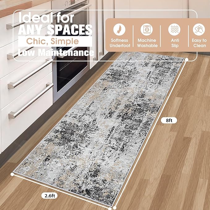 Runner Rug for Hallways Kitchen 2'6"x8' Washable Non Slip: Carpet Non Skid 8ft Entryway Rubber Backed 8 Feet Neutral Abstract Modern Rug Low Pile Pet Friendly Indoor Black Grey Gold