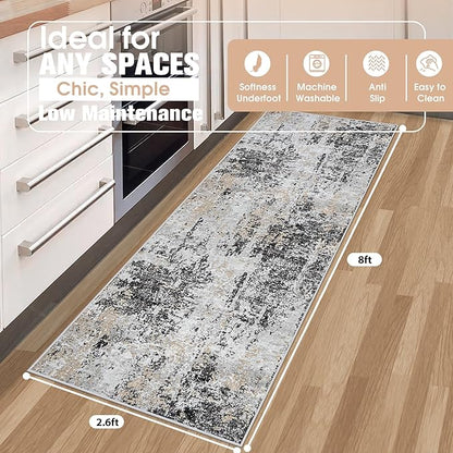 Runner Rug for Hallways Kitchen 2'6"x8' Washable Non Slip: Carpet Non Skid 8ft Entryway Rubber Backed 8 Feet Neutral Abstract Modern Rug Low Pile Pet Friendly Indoor Black Grey Gold