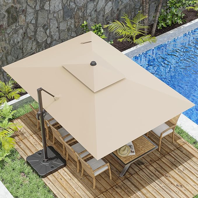 10x13FT Cantilever Outdoor Patio Umbrellas, Double Top Large Rectangle Umbrella, Heavy Duty 360° Rotation Offset Outdoor Sun Shade Umbrella for Garden Deck Pool Backyard Patio, Beige