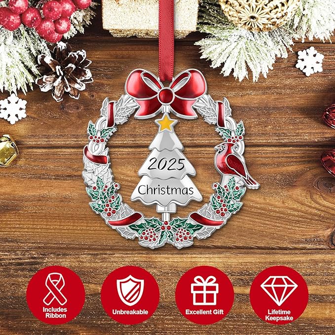 Christmas Dated Ornament 2025 for Xmas Tree Decorations, 2025 Christmas Wreath Ornament with Rotatable Tree for Holiday Decorative Keepsake Gift