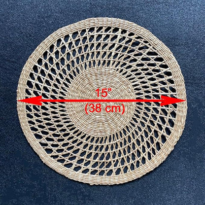 15" Set of 4 Round Flower Seagrass Placemats | Boho Woven Rattan Table Mats | Farmhouse Wicker Spring Plate Chargers Like Water Hyacinth, Corn Husk for Wedding, Party, Christmas, Events